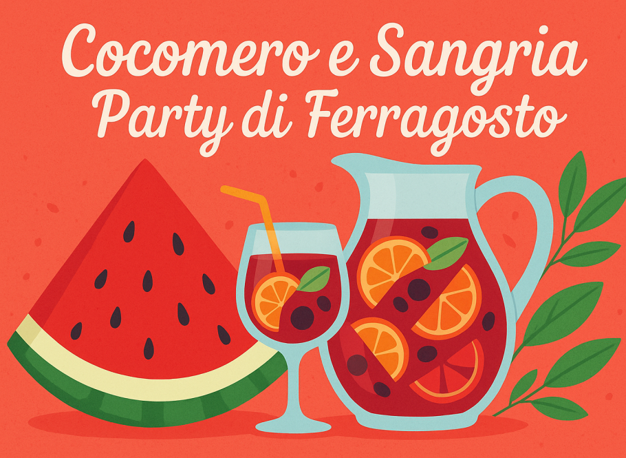 Festa estiva con cocomero e sangria, colori vivaci e atmosfera gioiosa.