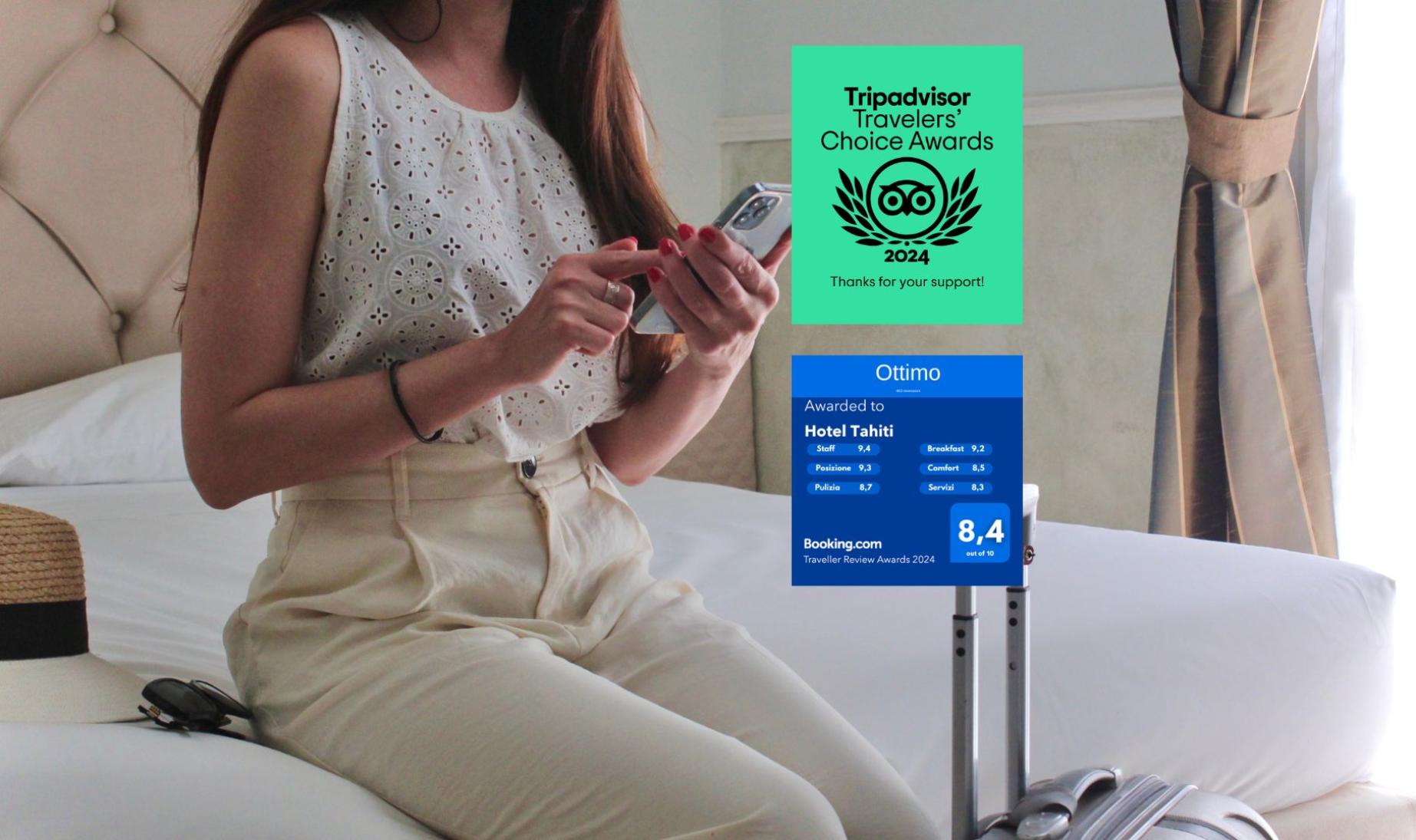 Woman in hotel with 2024 Tripadvisor and Booking.com awards.